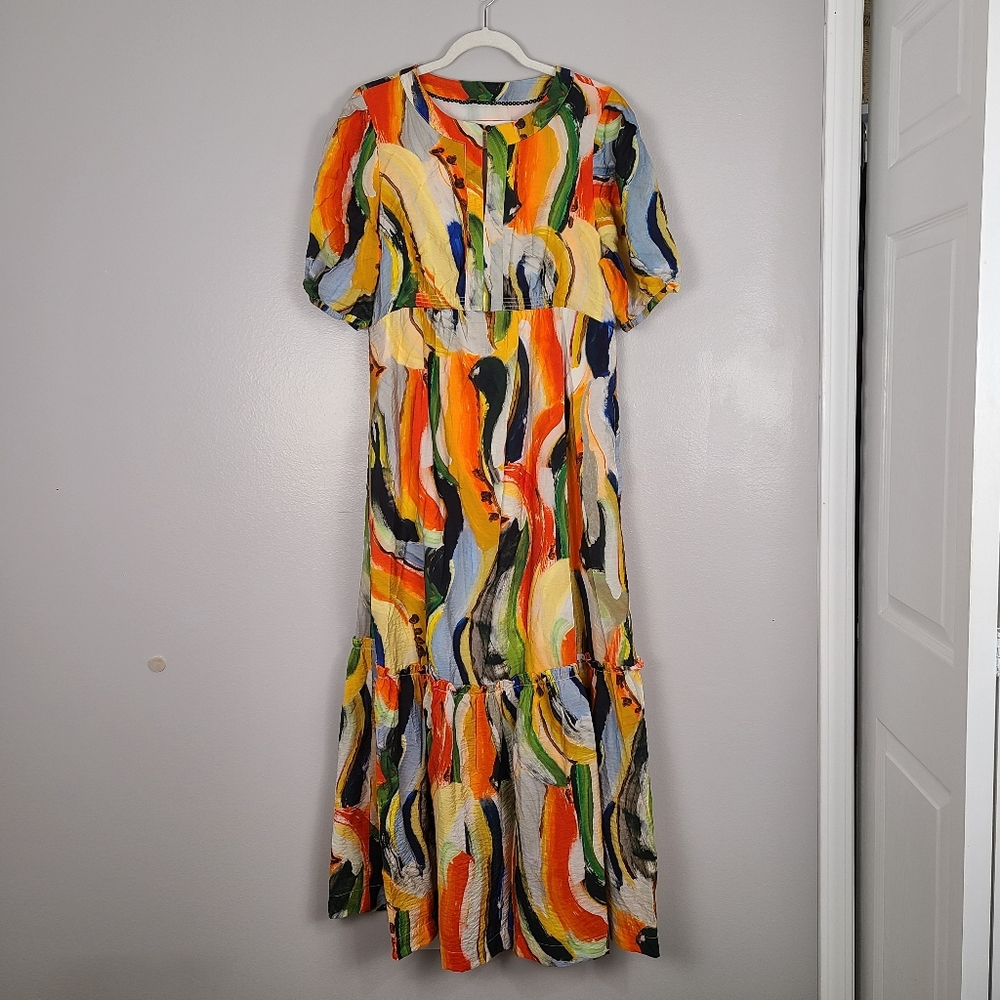 Anthropologie Maeve Suzannah Tiered Multicolor Puff Sleeve Maxi Dress w/Pockets